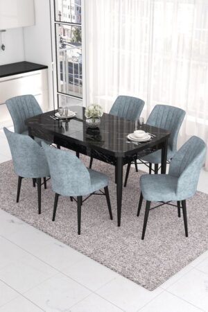 Extendable Dining Table & Chairs Set (7 Pieces) Eva - Black Marble