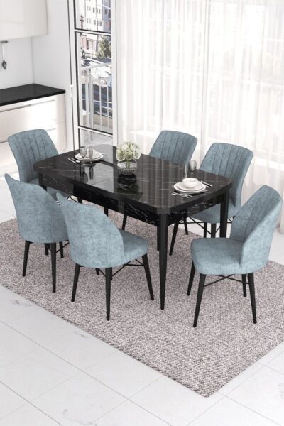 Extendable Dining Table & Chairs Set (7 Pieces) Eva - Black Marble