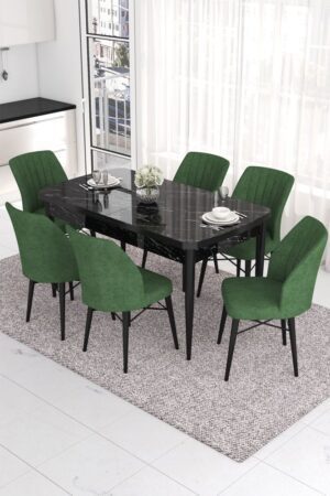 Extendable Dining Table & Chairs Set (7 Pieces) Eva - Black Marble