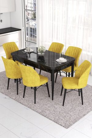 Extendable Dining Table & Chairs Set (7 Pieces) Eva - Black Marble