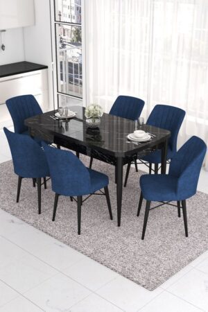 Extendable Dining Table & Chairs Set (7 Pieces) Eva - Black Marble