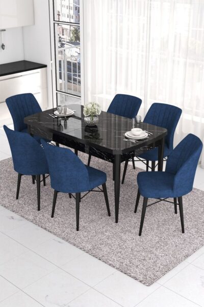 Extendable Dining Table & Chairs Set (7 Pieces) Eva - Black Marble