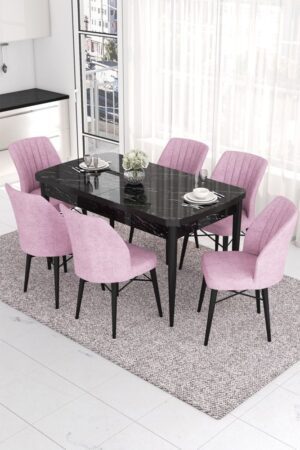 Extendable Dining Table & Chairs Set (7 Pieces) Eva - Black Marble