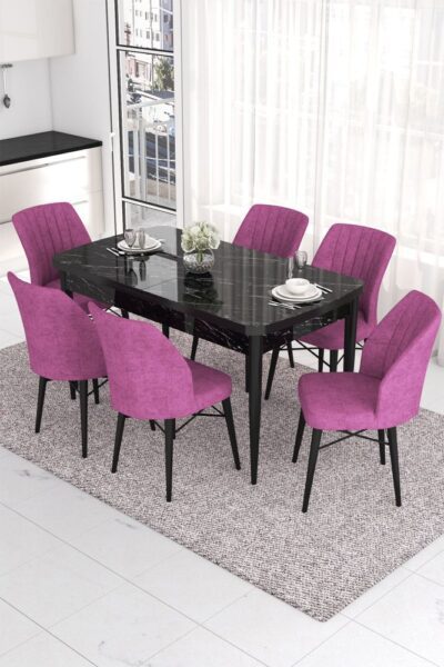 Extendable Dining Table & Chairs Set (7 Pieces) Eva - Black Marble