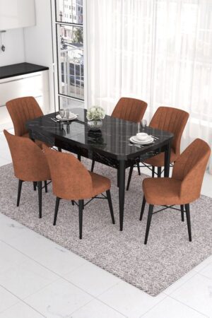 Extendable Dining Table & Chairs Set (7 Pieces) Eva - Black Marble