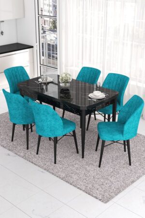Extendable Dining Table & Chairs Set (7 Pieces) Eva - Black Marble