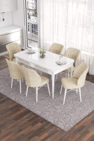 Extendable Dining Table & Chairs Set (7 Pieces) Eva - White