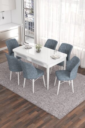 Extendable Dining Table & Chairs Set (7 Pieces) Eva - White