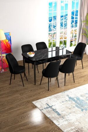 Extendable Dining Table & Chairs Set (7 Pieces) Han - Black Marble