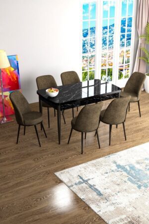 Extendable Dining Table & Chairs Set (7 Pieces) Han - Black Marble
