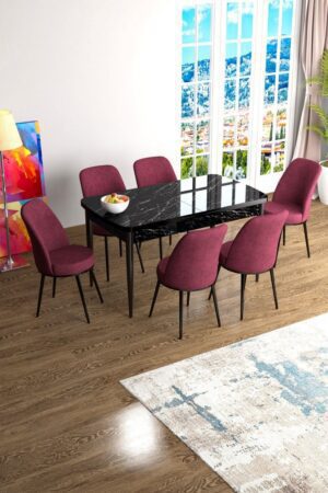 Extendable Dining Table & Chairs Set (7 Pieces) Han - Black Marble