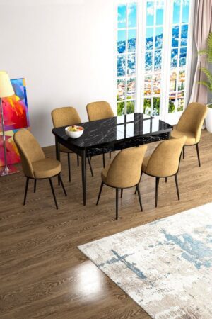 Extendable Dining Table & Chairs Set (7 Pieces) Han - Black Marble