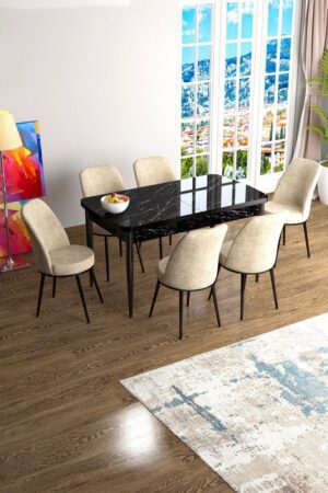 Extendable Dining Table & Chairs Set (7 Pieces) Han - Black Marble