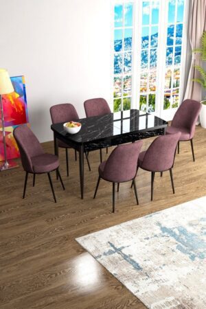 Extendable Dining Table & Chairs Set (7 Pieces) Han - Black Marble