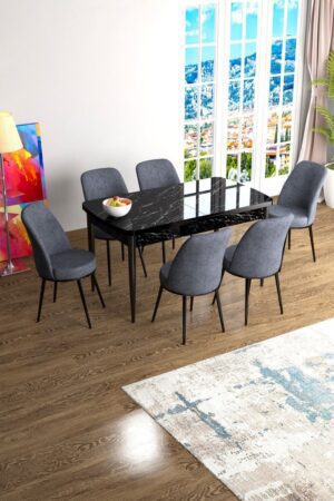 Extendable Dining Table & Chairs Set (7 Pieces) Han - Black Marble