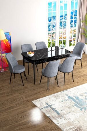Extendable Dining Table & Chairs Set (7 Pieces) Han - Black Marble