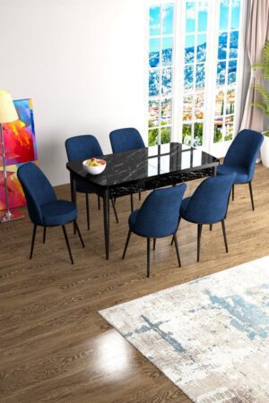 Extendable Dining Table & Chairs Set (7 Pieces) Han - Black Marble