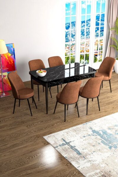 Extendable Dining Table & Chairs Set (7 Pieces) Han - Black Marble