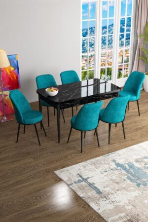 Extendable Dining Table & Chairs Set (7 Pieces) Han - Black Marble