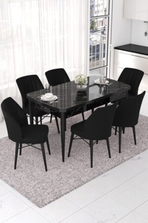 Extendable Dining Table & Chairs Set (7 Pieces) Nef - Black Marble