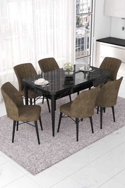 Extendable Dining Table & Chairs Set (7 Pieces) Nef - Black Marble