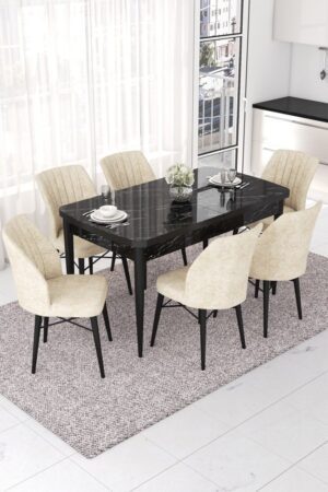 Extendable Dining Table & Chairs Set (7 Pieces) Nef - Black Marble