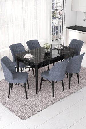 Extendable Dining Table & Chairs Set (7 Pieces) Nef - Black Marble