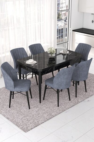 Extendable Dining Table & Chairs Set (7 Pieces) Nef - Black Marble