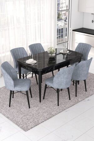 Extendable Dining Table & Chairs Set (7 Pieces) Nef - Black Marble