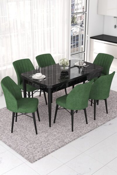 Extendable Dining Table & Chairs Set (7 Pieces) Nef - Black Marble
