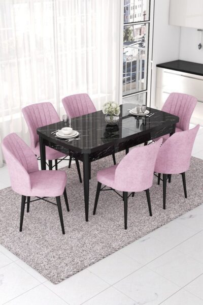 Extendable Dining Table & Chairs Set (7 Pieces) Nef - Black Marble