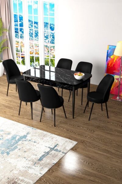 Extendable Dining Table & Chairs Set (7 Pieces) Zen - Black Marble