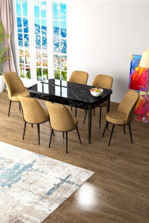 Extendable Dining Table & Chairs Set (7 Pieces) Zen - Black Marble