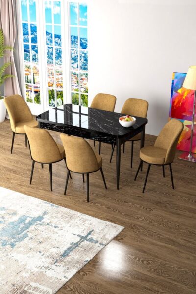 Extendable Dining Table & Chairs Set (7 Pieces) Zen - Black Marble