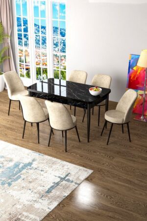 Extendable Dining Table & Chairs Set (7 Pieces) Zen - Black Marble