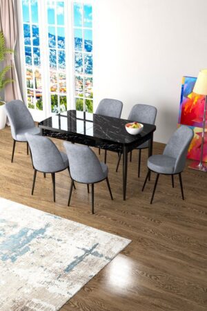 Extendable Dining Table & Chairs Set (7 Pieces) Zen - Black Marble