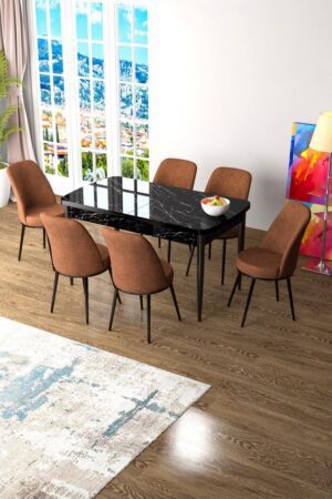 Extendable Dining Table & Chairs Set (7 Pieces) Zen - Black Marble