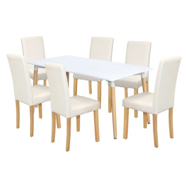 Jedálenský stôl UNO 160x90 biely + 6 stoličiek PRIMA biela/svetlé nohy