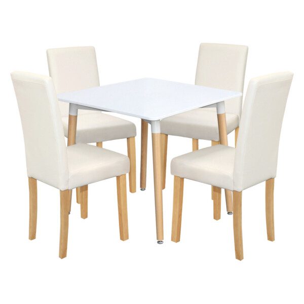 Jedálenský stôl UNO 80x80 biely + 4 stoličky PRIMA biela/svetlé nohy