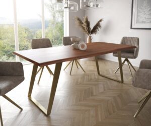 Jedálenský stôl Edge 200x100 akácia hnedá nerezová oceľ zlatá skosený