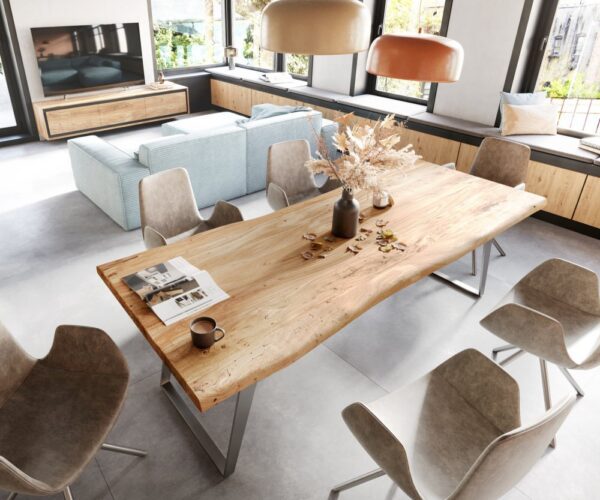 Jedálenský stôl Edge 280x100 XL akácia prírodná nerezová oceľ skosený – Obrázok 4