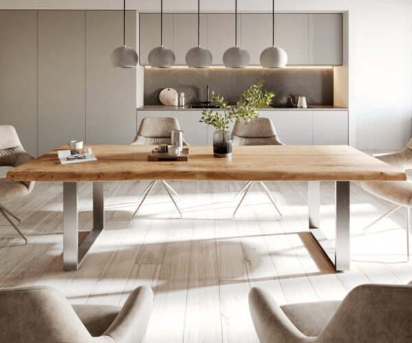 Jedálenský stôl Edge 280x100 cm XL akácia prírodná nerezová oceľ úzky – Obrázok 2