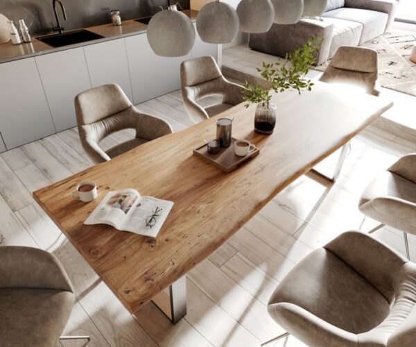 Jedálenský stôl Edge 280x100 cm XL akácia prírodná nerezová oceľ úzky – Obrázok 4