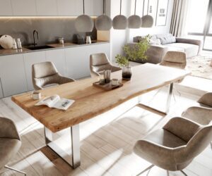 Jedálenský stôl Edge 280x100 cm XL akácia prírodná nerezová oceľ úzky
