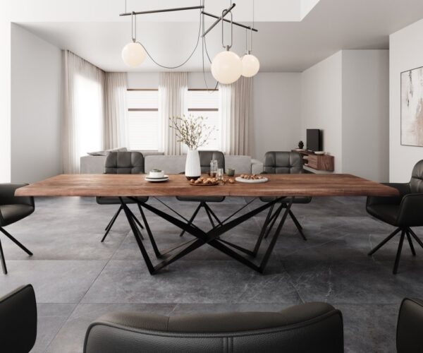 Jedálenský stôl Edge 300x100 XL akácia hnedá Spider plochá oceľ čierna