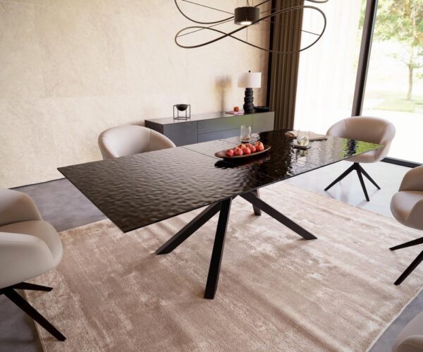 Jedálenský stôl Edge 180-220x100 reliéfne sklo dymovo čierna 3D dizajn
