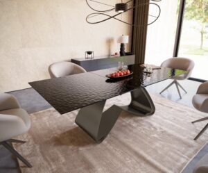 Jedálenský stôl Edge 180-220x100 reliéfne sklo dymovo čierna 3D dizajn