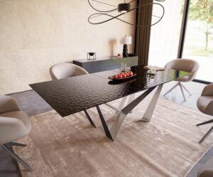 Jedálenský stôl Edge 180-220x100 reliéfne sklo dymovo čierna 3D dizajn