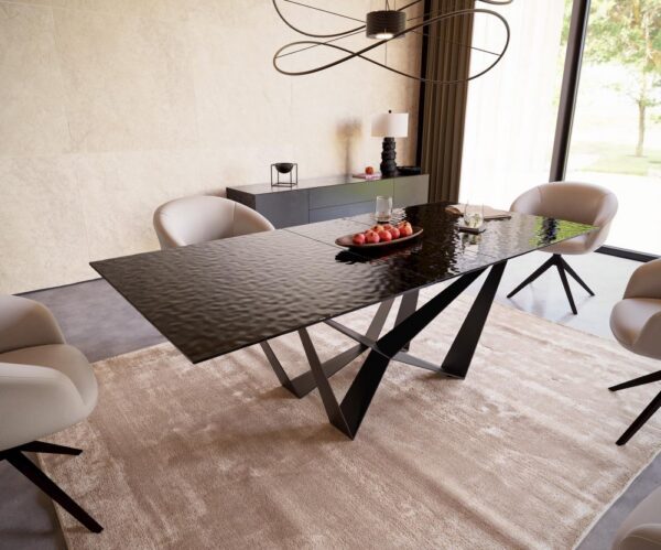 Jedálenský stôl Edge 180-220x100 reliéfne sklo dymovo čierna 3D dizajn