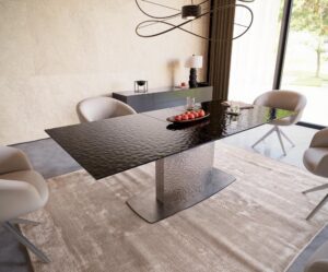 Jedálenský stôl Edge 180-220x100 reliéfne sklo dymovo čierna 3D dizajn